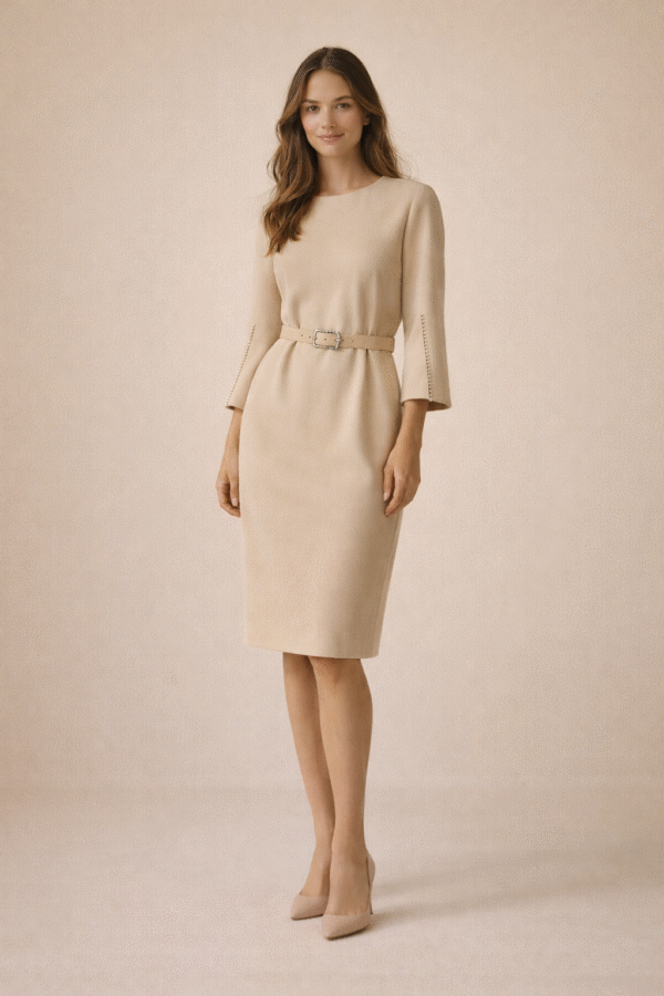 Smėlio spalvos elegantiška suknelė su perlų detalėmis