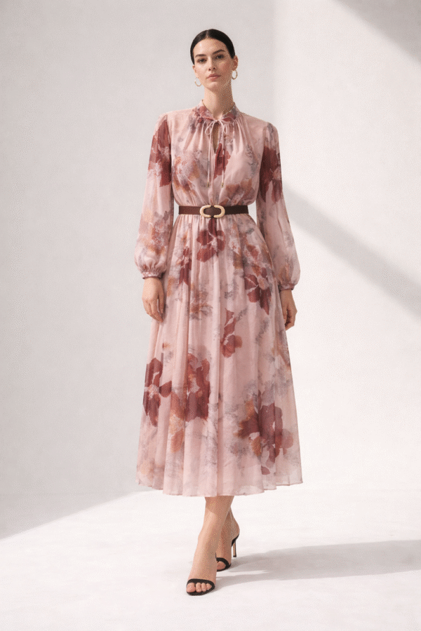 Premium lengva gėlėta šifono suknelė su diržu