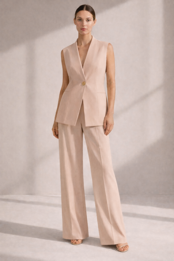 Kreminis kostiumas su liemene ir aukso detale