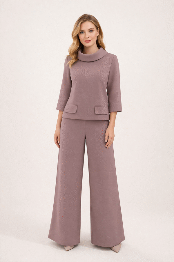 Stilingas rusvas dviejų dalių kostiumėlis