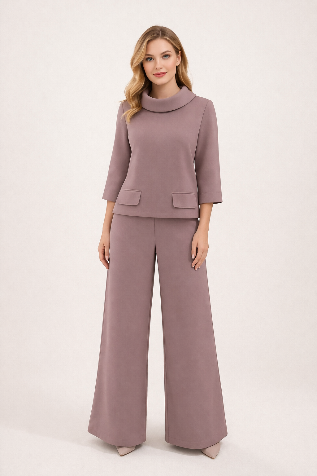 Stilingas rusvas dviejų dalių kostiumėlis